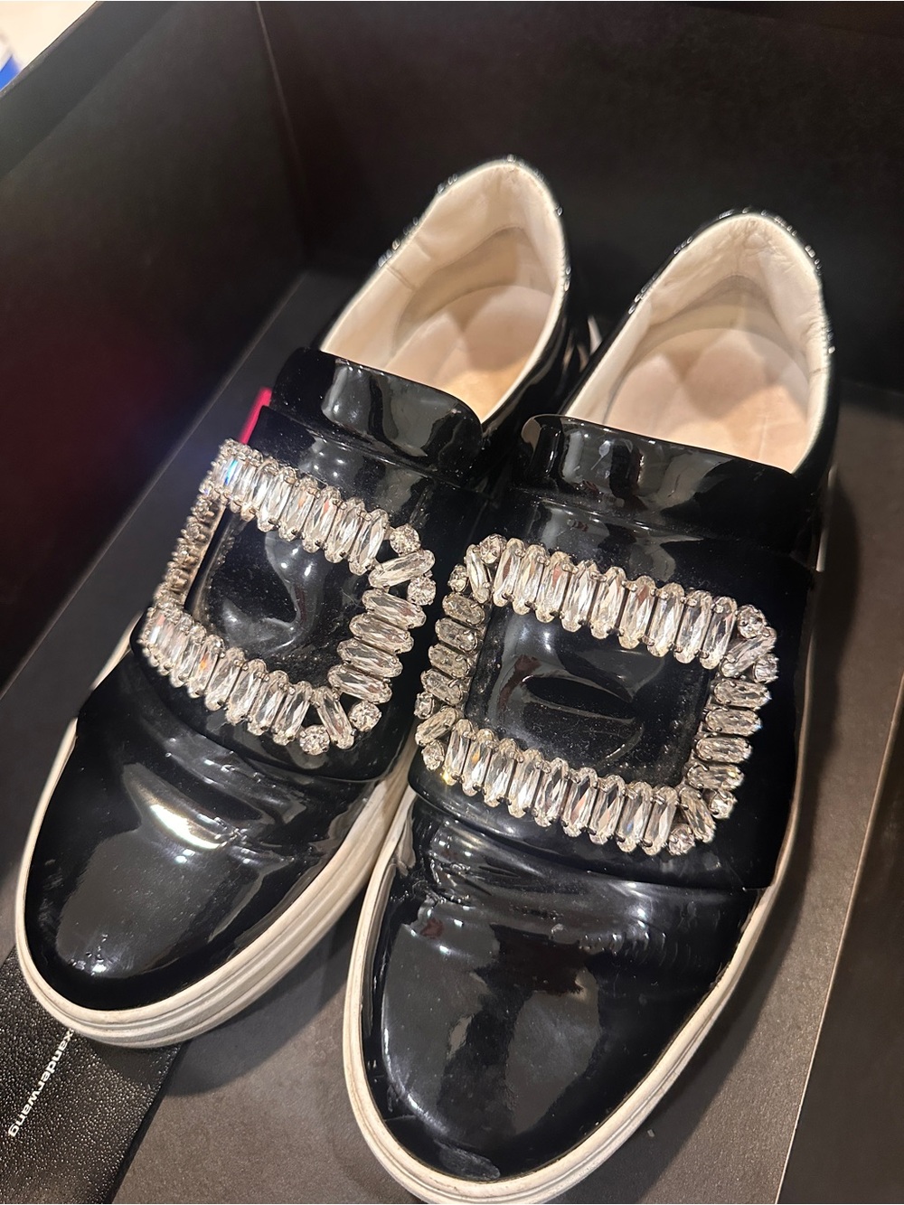 Roger Vivier Black Patent Slip-On Sneakers with Crystal Buckle